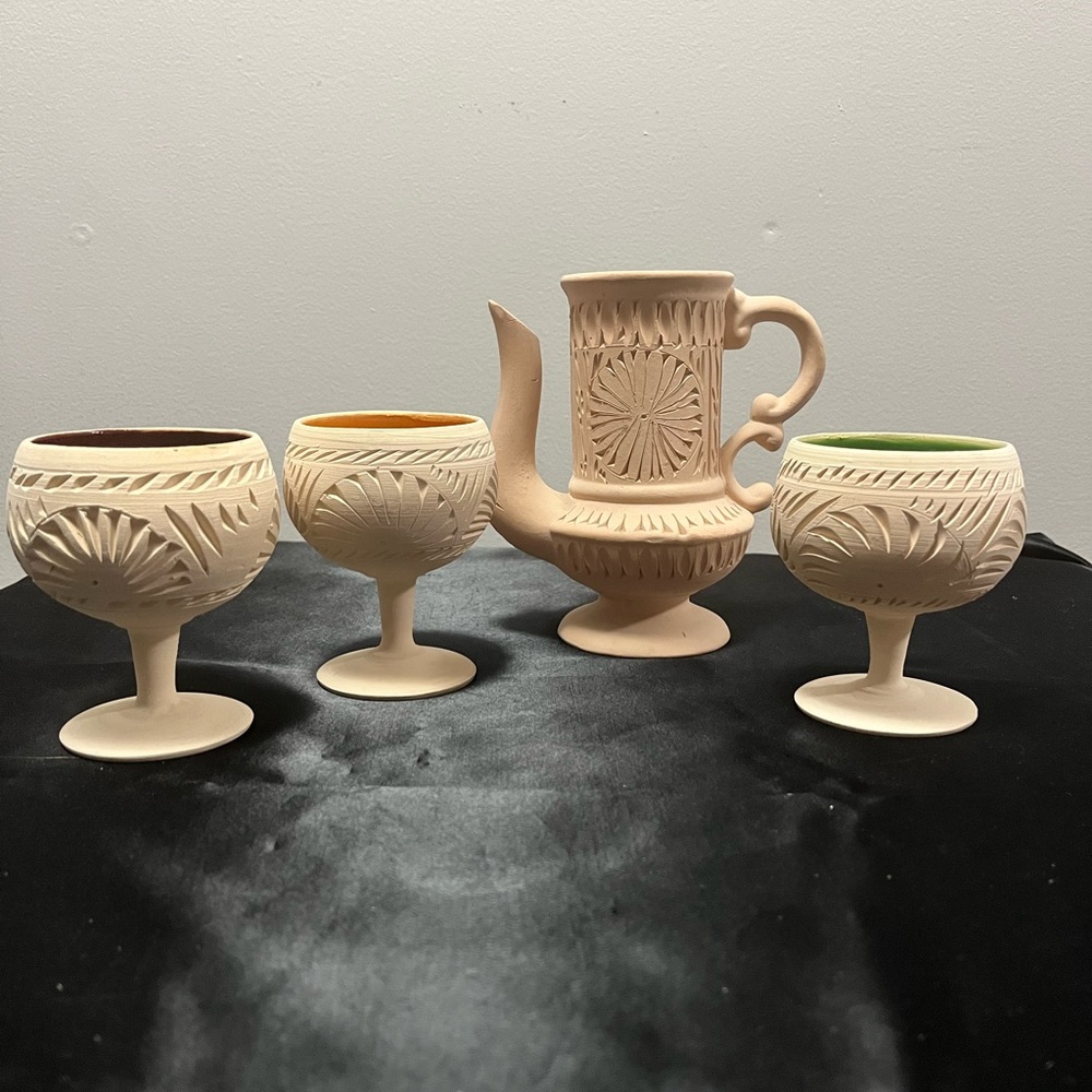 Vintage Tunisian Clay Pottery Set with Goblets